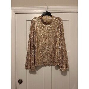 Venus Gold Sequin Blouse Top NWT Women’s Size 2X 3/4 Length Open Sleeve Zip Back